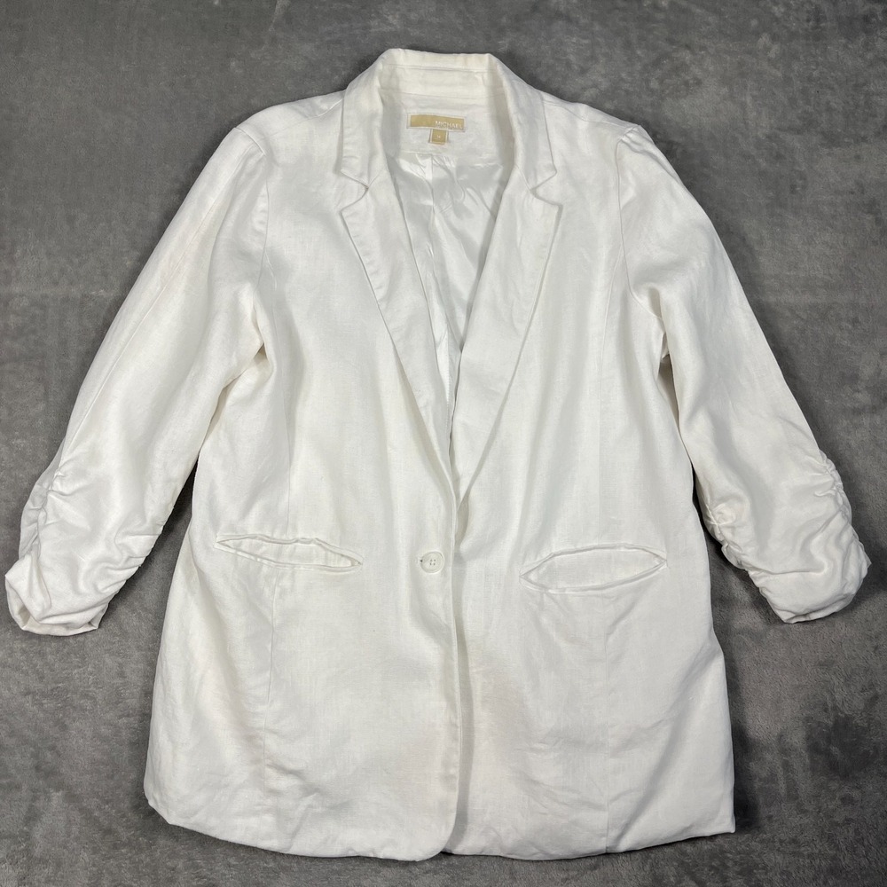Michael Kors White 100% Linen Blazer Ruched 3/4 Sleeves Sz 14 Relaxed Fit Lined